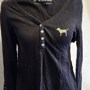Victoria's Secret Black Long-Sleeve Henley with Cream Dog Logo